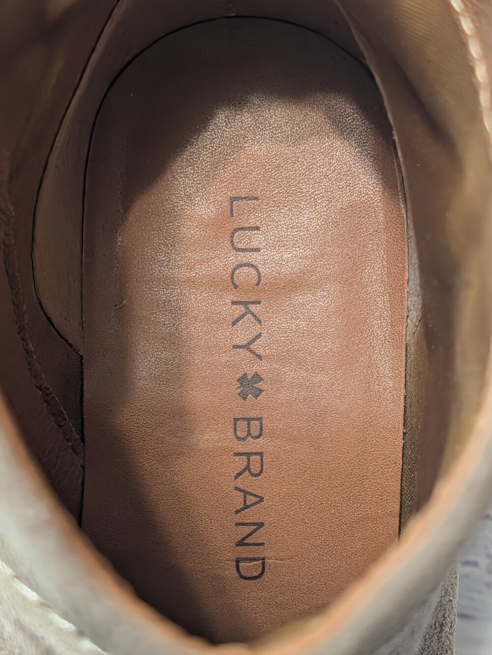 Lucky Brand Taupe Suede Wedge Ankle Booties Side Zip Stacked Heel 7.5M - Picture 7 of 8